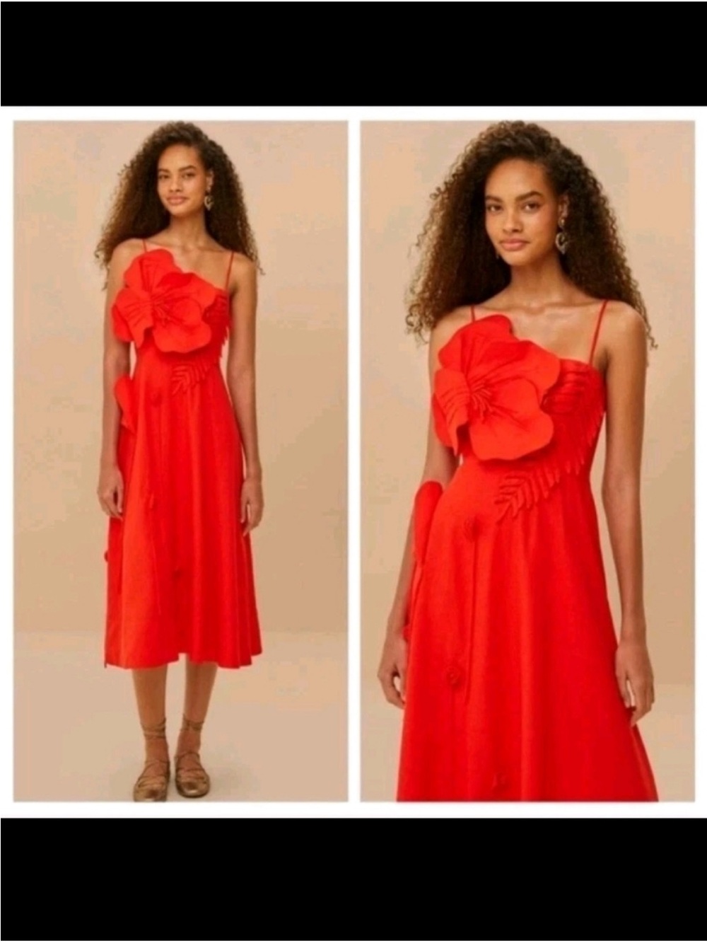 FARM Rio Red Floral-Appliqué Midi Dress